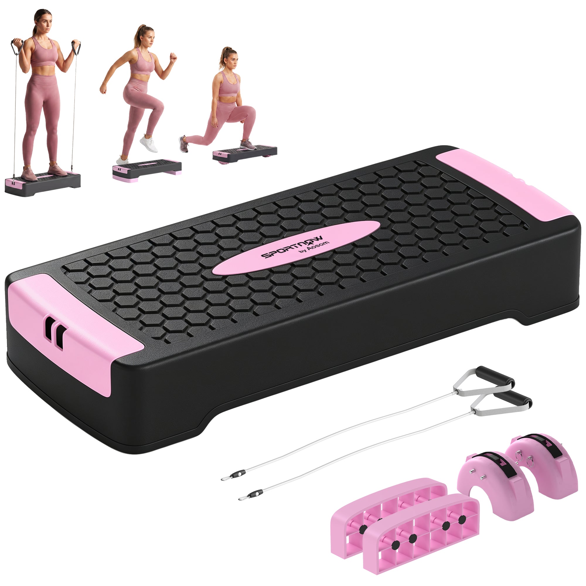 Højdejusterbart Stepbræt Fitness Aerob Step Med Niveauer Modstandsbånd Skridsikker Måtte Pink