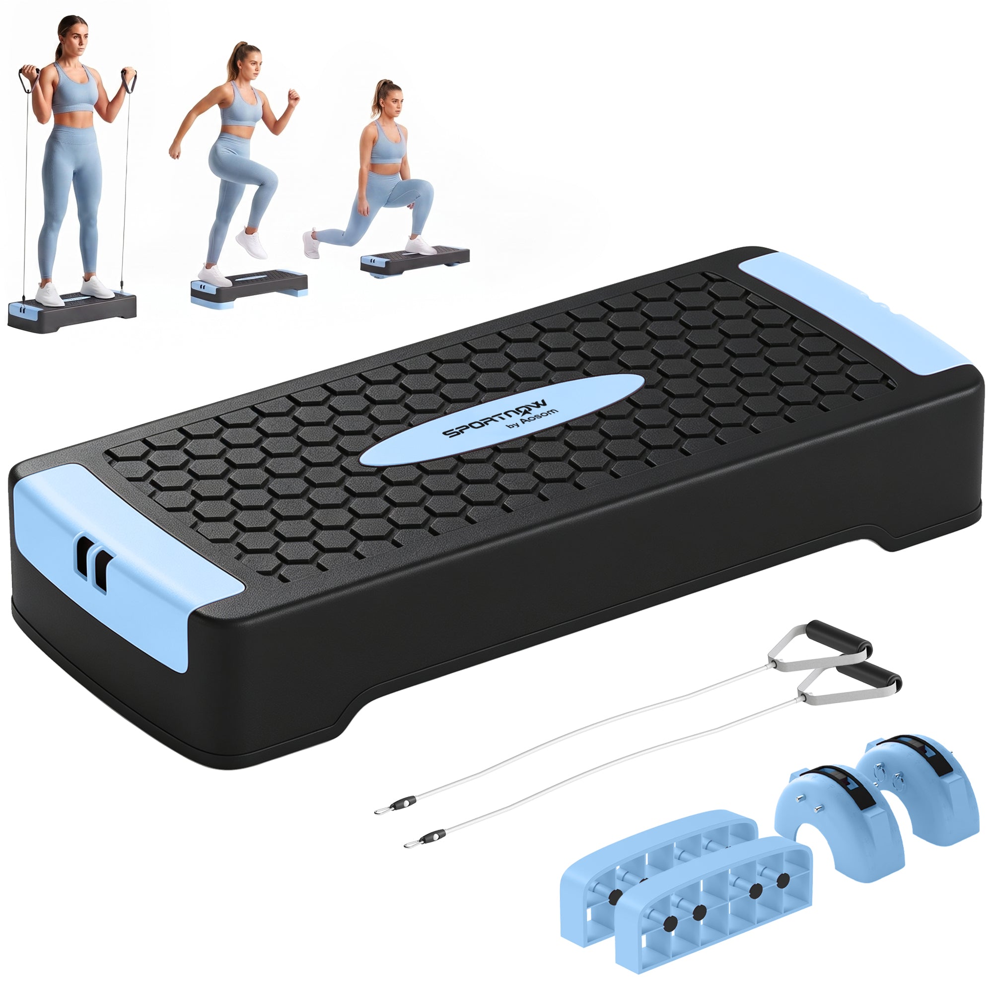 Højdejusterbart Stepbræt Fitness Aerobic Stepper Med Niveauer Modstandsbånd Skridsikker Måtte Blå